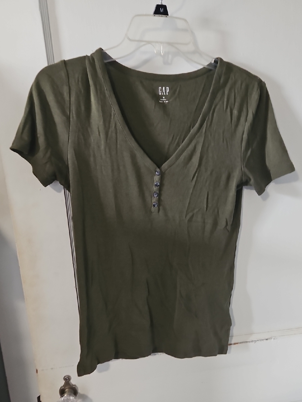 GAP Olive Green Short Sleeve V-Neck Tee with Button Placket